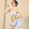 Lingerie Sexy Bonita e Sedutora para Mulheres, Conjunto de Tentação de Uniforme de Empregada Xadrez Azul, Roupa Sexy, Peça Única Dropshipping Qq