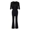 Conjunto de top corto fruncido en la cintura de un hombro estilo chica atrevida + cárdigan corto de manga media + pantalones largos ajustados acampanados para mujer