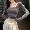 Outono e Inverno blusa de gola quadrada osso de peixe feminina de veludo dupla face blusa de base feminina com caimento solto afina a silhueta blusa de base combinável top moderno