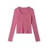 Heyhenry 2025 Nuevo Otoño Camiseta Básica de Manga Larga con Cuello en U para Mujer, Top Corto Ajustado con Hombros Normales