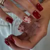 Arte de unhas em forma de coração cor vinho para o Dia dos Namorados, comprimento médio, formato quadrado, unhas postiças transparentes em formato de coração, perfeitas para encontros, estilo retrô, arte de unhas pronta