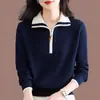 Suéter de Tricô Meia-Zip com Gola Reversível Estilo Novo Primavera e Outono 2026 para Mulheres, Caimento Solto, Camada Base que Cobre a Barriga, Estiloso