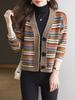 Cárdigan de Punto Rayas Cuello en V Otoño para Mujer Corto Ropa de Otoño 2025 Nuevo Estilo Estilo Exterior Sudadera Chaqueta Estilo Primavera y Otoño