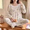 Pijama Nuvem de Algodão Estilo Princesa para Mulheres, Manga Longa e Calça para Primavera e Outono, Doce, Fofo, Fresco, Roupa de Casa com Gola Redonda para Estudantes