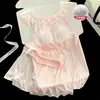 Pijama de Verão de Manga Curta 2026 com Sutiã Embutido para Mulheres Doce Confortável Fino Cor Sólida Seda Gelada Roupa de Casa