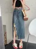 Falda de mezclilla con borlas irregulares para mujer, verano, hermana mayor mm, cintura alta, tiro alto, ajustada, longitud media, falda de línea A.