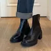 Botines Ajustados de Tacón Alto para Mujer, Botas Martin Cómodas para Figuras Pequeñas, Botas Elásticas con Efecto Alargador, Punta Redonda, Suela Gruesa, Negras