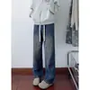 Jeans para hombre estilo americano, corte holgado, corte recto con un ligero ensanchamiento, diseño de corte diagonal, estilo boyfriend adelgazante, azul lavado vintage