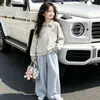 Conjunto de Sudadera con Solapa para Niñas Otoño Temprano Ropa Nueva de Primavera Otoño para Niños Holgada con Falda Pantalón Ancha Ropa de Manga Larga para Niños Medianos a Grandes