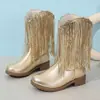 Botas femininas outono e inverno novas estilo europeu e americano franja bico redondo salto grosso botas moda botas moda western confortável filha