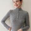 Suéter de Cachemira 100% Puro Nuevo Estilo Otoño e Invierno para Mujer, Cuello Alto, Ajustado, Suéter Base, Ajustado, Tejido Interior, Suéter con Botón Dorado