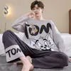 Pijama para Hombre Manga Larga Algodón Puro Primavera y Otoño Delgado Estudiante Joven Dibujos Animados Ropa de Casa Holgado Tallas Grandes Traje