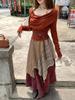 Conjunto de Roupa para Viagem em Dali, Yunnan, para Mulheres, Primavera, Blusa de Manga Longa com Gola Halter + Saia Plissada Camada Retro de Xadrez Conjunto de Duas Peças