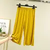 Calça casual de algodão modal fina, soltinha, plus size, para mulheres, adequada para uso ao ar livre, com bordas franzidas, comprimento de seis pontos, calça de casa