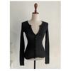 Cárdigan elástico ajustado de punto fino con cuello en V para mujer Verano Chic Top Slim Sexy Deseo Puro Sexy Camiseta Manga Larga Trendy