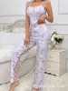 Amazon Europa y América Transfronterizo Nuevo Sexy Malla Costura Estampado Pijama Dos Piezas Conjunto Ropa de Casa para Mujer Pijamas