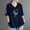 Comércio Exterior Transfronteiriço Roupas de Verão para Mães Estampadas Decote V Solto Tamanho Grande Casual Elegante Camiseta Feminina para Mulheres de Meia-Idade