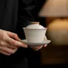 Juego de Té Gaiwan de Cerámica Beige con Esmalte Craquelado del Horno Ru de las Dinastías Tang y Song, Tres Piezas para Uso Doméstico, Tazón para Servir Té, Tapa y Base, Tazón para Preparar Té