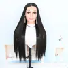 Peluca Negra Recta con Raya Media, Encaje Grande de 13*6, Estilo Europeo y Americano, Transfronteriza, Fabricante Directo de Rizado de Maíz, Gorro de Fibra Química