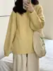 ¡Estilo dulce! Suéter amarillo claro oversized para mujer, cuello redondo, sin botones, corte favorecedor, holgado, hecho de lana suave