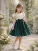 Vestido de Verano para Niñas de 4 a 8 Años, Elegante Vestido Blanco con Decoración Floral 3D y Moño Verde Oscuro, Comercio Transfronterizo