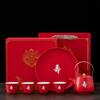 Conjunto de Chá Cerâmico Vermelho Estilo Chinês para Casamento, Duplo Felizes Festivo para Banquetes de Casamento, Um Bule e Quatro Xícaras, Conjunto de Alta Qualidade, Caixa de Presente Vermelha Duplo Felizes