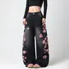 Calça jeans preta para mulheres, nova para o outono de 2026, com bordado, corte reto solto, lavada, calça longa versátil de perna larga, moderna