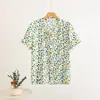 Camiseta de Algodón y Seda para Mujer, Cuello en V, Manga Corta, Estampado Floral, de un Solo Botón, Holgada, Casual, para Personas de Mediana Edad y Mayores
