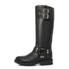 Botas de Motocicleta de Metal Retro con Hebilla para Mujer, Tacón Grueso, Suela Gruesa, Botas Altas Hasta la Rodilla, Botas Vaqueras para Mujer, En Stock