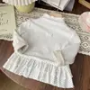 Top estilo vestido com estampa floral pequena, poá, gola semi-alta e acabamento em renda, forrado com fleece, adequado para outono e inverno, camada interna forrada com fleece para bebês e meninas pequenas
