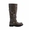 Botas de otoño e invierno para mujer hasta la pantorrilla con caña ancha, hebilla de cinturón, punta redonda, tacón grueso y suela gruesa