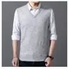Colete Masculino de Lã com Decote V Outono e Inverno Sem Mangas Cor Lisa Tricotado Básico Médio Espessura Suéter Casual Colete Masculino