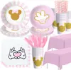 Suministros para Fiesta de Cumpleaños de Minnie Mouse Vajilla Vasos de Papel Platos de Papel Servilletas Cuchillo Tenedor Cuchara Globos Set de Pancarta Decoración de Cumpleaños