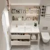 Juego de mueble de baño estilo crema, baño minimalista moderno con lavabo cerámico integrado, tocador y juego de lavabo inteligente