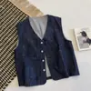 Chaleco Corto de Mezclilla Azul sin Mangas, Cuello en V Abotonado, Holgado, Estilo Retro Japonés, Novedad Primavera 2025