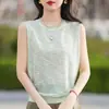 Camisa Básica de Tricô Fino com Gola Redonda, Camisola Elegante de Verão para Mulheres 2026, Sem Mangas, Fina, Respirável