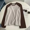 Camiseta de Manga Larga Raglán con Bloques de Color Cepillado Estilo Americano para Mujer, Otoño e Invierno, Corte Holgado, Adecuada para Usar en Capas o Sola, Top Base Cálido Ins