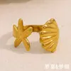 Anillo Abierto de Acero Inoxidable Bañado en Oro de 18K con Forma de Estrella de Mar, Versátil, de Moda, Venta Caliente Transfronteriza Europea y Americana, Temática del Océano