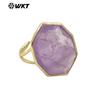 WT-R516 Gema de Cristal Natural Piedra Octágono Chapado en Oro de 18k Clásico Unisex Usable Anillo Abierto