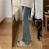 Calça Jeans Bootcut Azul com Barra Desfiada para Mulheres no Inverno Forrada com Fleece Tamanho Grande para Pessoas Plus Size Cintura Alta Look Emagrecedor Corpo em Formato de Pera Calça Elástica