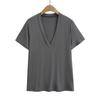 2512-25 Primavera Novo Estilo Francês Solto Preguiçoso Casual Sexy Sexy Decote V Profundo Solto Fino Camiseta de Manga Curta