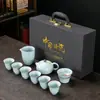 Conjunto Completo de Conjunto de Chá Kung Fu com Padrão de Rachaduras Ru Kiln e Ge Kiln para Uso no Escritório e em Casa, Incluindo Gaiwan, Bule e Caixa de Presente para Eventos Corporativos
