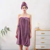 Bata de Coral Fleece con Encaje para Mujer, Vestido Absorbente sin Tirantes, Toalla de Baño Portátil, Conjunto de Pijama para Ducha de Adultos con Gorro Secador de Cabello