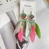 Brincos de Pena Boêmios Europeus e Americanos, Brincos de Franja Estilo Étnico Exagerado Retrô para Feriados, Acessórios de Viagem de Yunnan para Mulheres