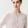 Cárdigan de Punto 75% Cachemir + 25% Seda de Morera para Mujer, Cuello Redondo, Borde Enrollado, Doble Botón, Abrigo Suéter