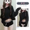 Conjunto de outono feminino casual estilo coreano, ombro a ombro, manga longa, com uma vibe pura e desejável, top e shorts de corte solto, que emagrecem e são relaxados, ombro a ombro