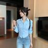 Camisa de manga larga con solapa pequeña, sexy y delgada, chic, retro, nicho, básica, chaqueta, venta al por mayor, comercio exterior