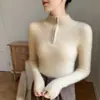 Suéter de Cachemira Versátil para el Trabajo con Media Cuello Alto y Cremallera para Mujer 26 Otoño/Invierno Color Sólido Canalé Adelgazante Capa Base Tejido