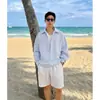Camisa listrada azul de manga longa, estilo duas peças, para homens, outono, estilo americano, polo relaxado, moletom sem capuz, corte clean