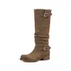Botas de Cavaleiro Elegantes com Fivela Dupla, Cano Alto Franzido, Inverno 2026, Salto Médio Robusto, Bico Redondo, Para Calçar, Couro de Vaca Franzido, Botas Longas Femininas